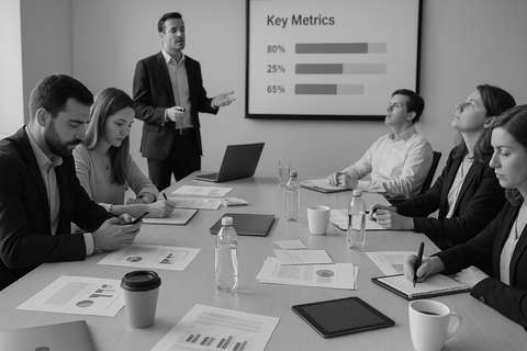 The typical office meeting setting, focused on updates rather than tangible results.