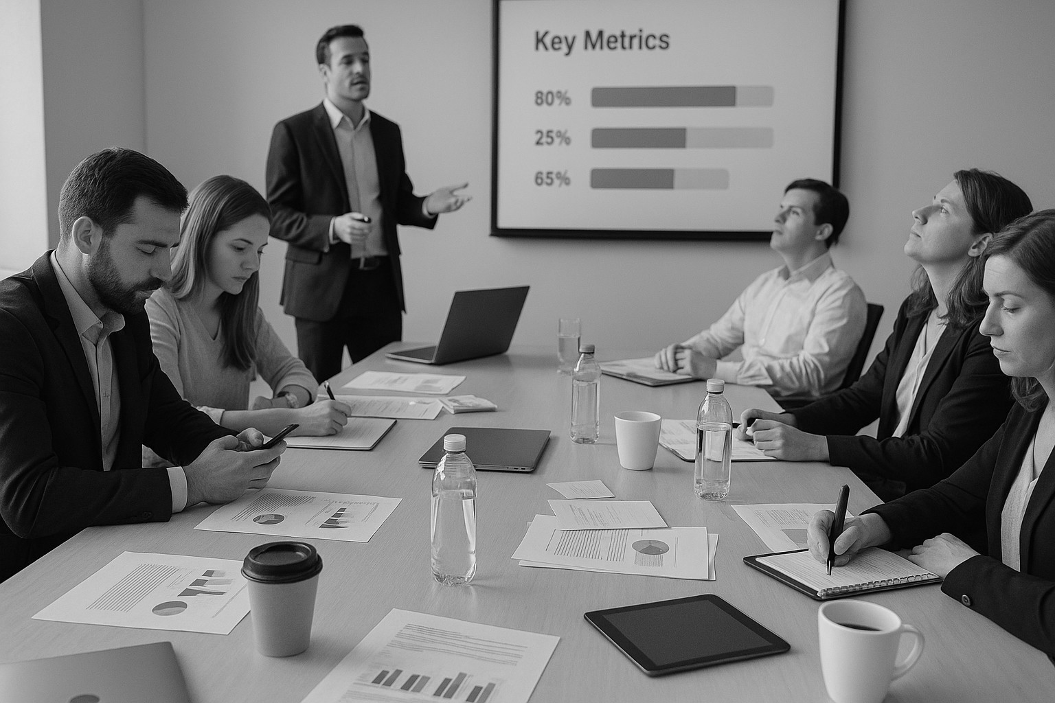 The typical office meeting setting, focused on updates rather than tangible results.